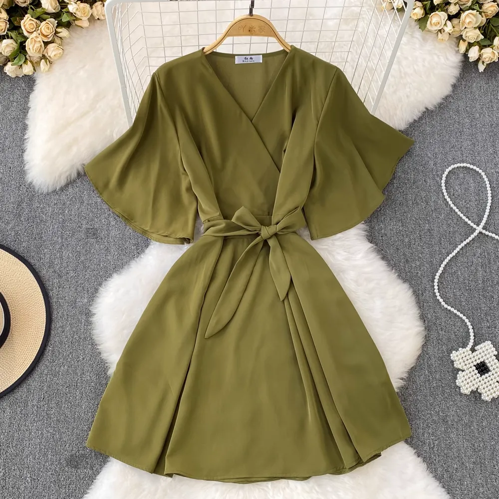 Summer Korean Style Retro V Neck Bow Tie A Line Dress 1517