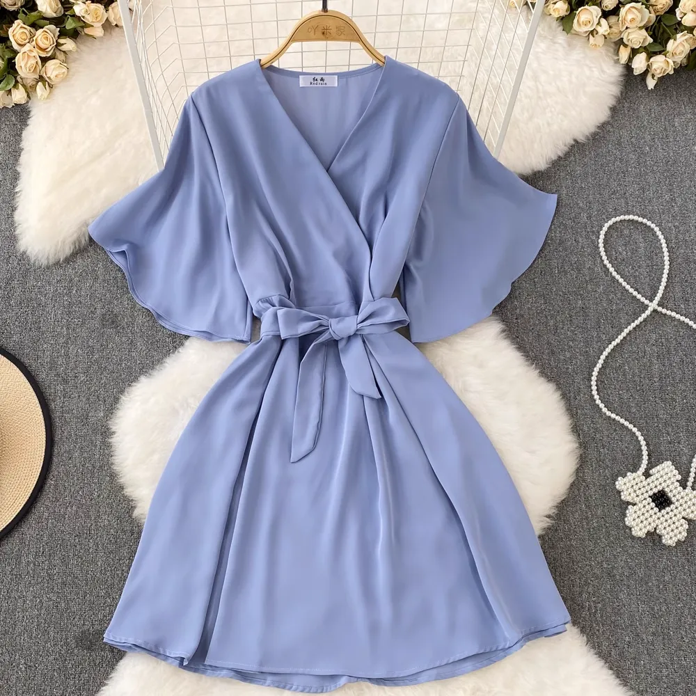 Summer Korean Style Retro V Neck Bow Tie A Line Dress 1517