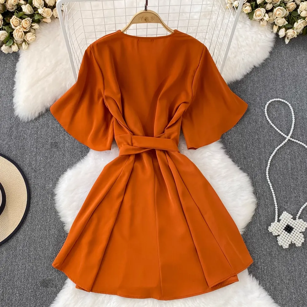 Summer Korean Style Retro V Neck Bow Tie A Line Dress 1517