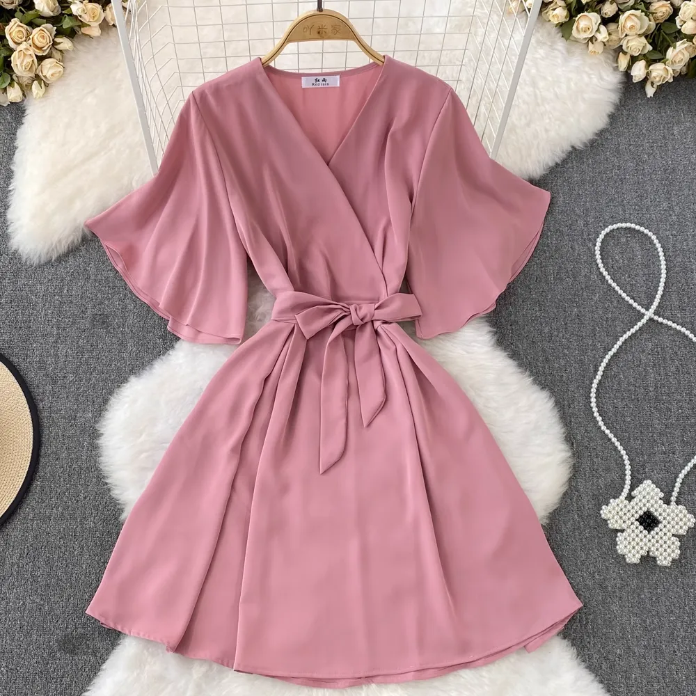 Summer Korean Style Retro V Neck Bow Tie A Line Dress 1517