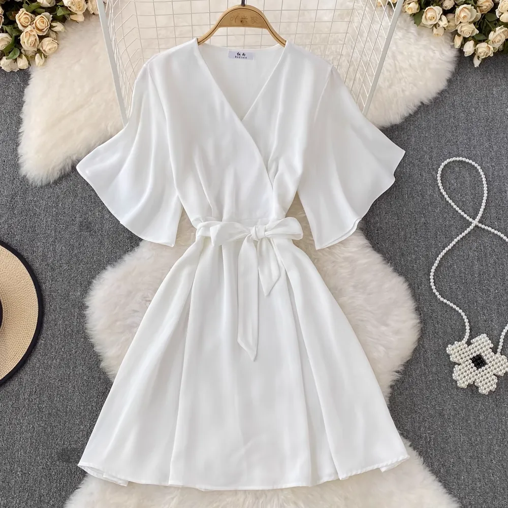 Summer Korean Style Retro V Neck Bow Tie A Line Dress 1517