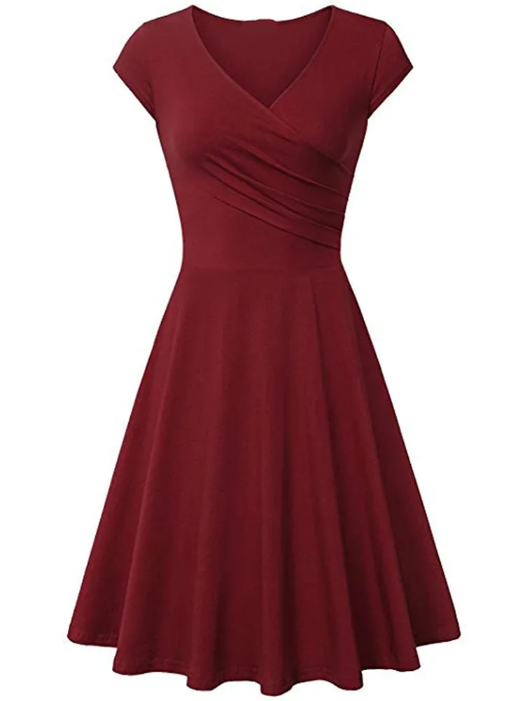 V Neck Pleated Short Sleeve Dresses
