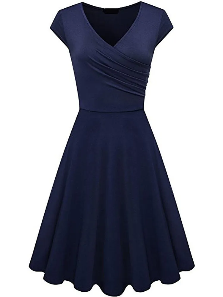 V Neck Pleated Short Sleeve Dresses