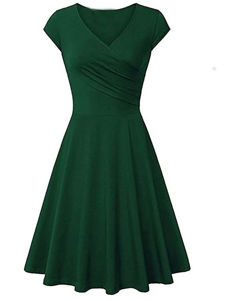 V Neck Pleated Short Sleeve Dresses