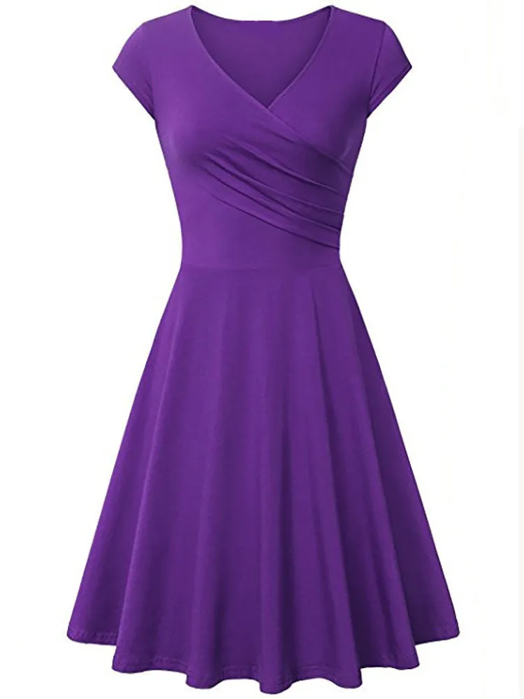 V Neck Pleated Short Sleeve Dresses