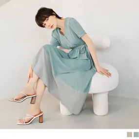 V-NECK SHORT SLEEVE BOW WAIST MAXI DRESS
