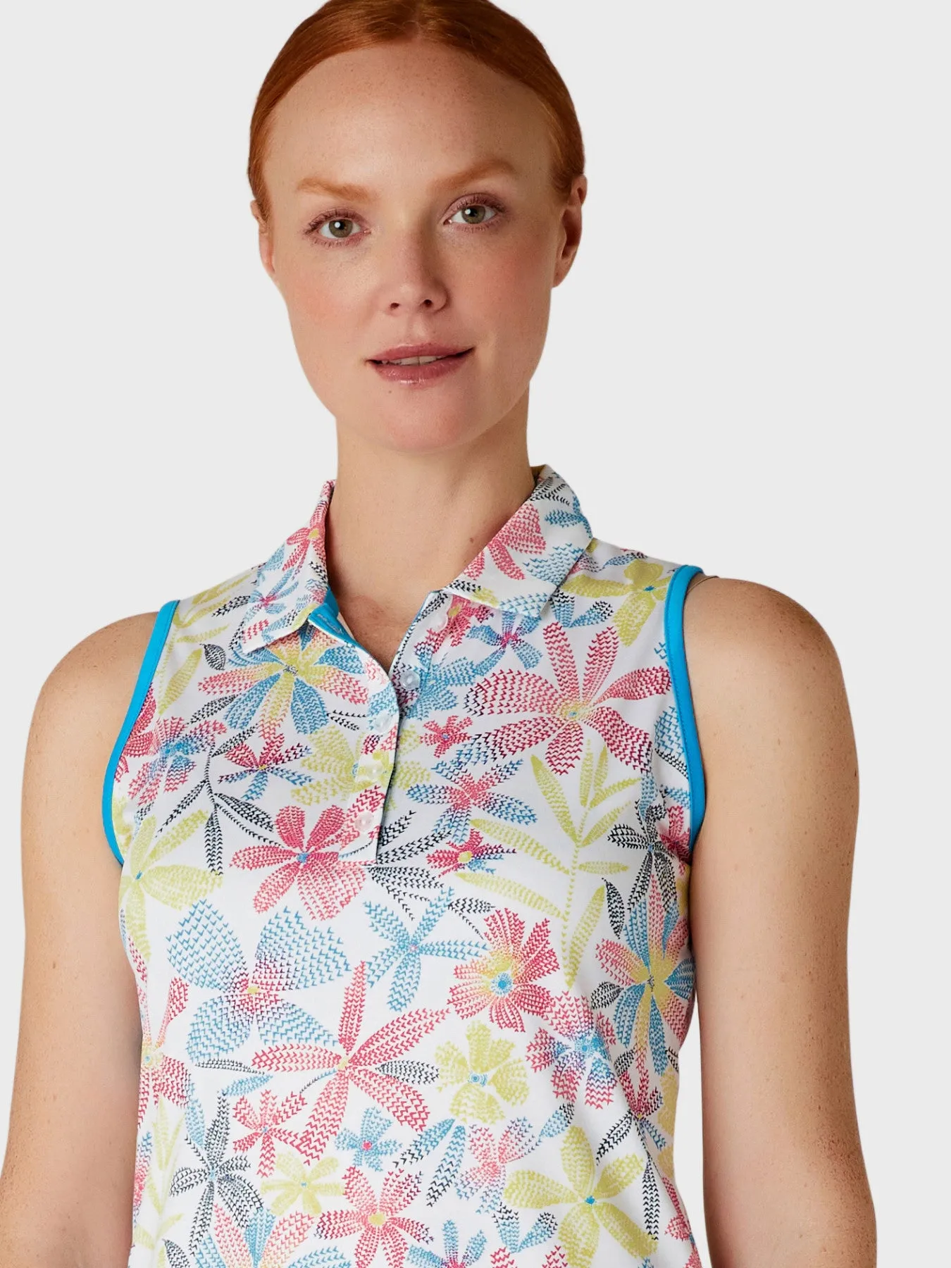 Women's Chevron Floral Print Golf Polo In Brilliant White