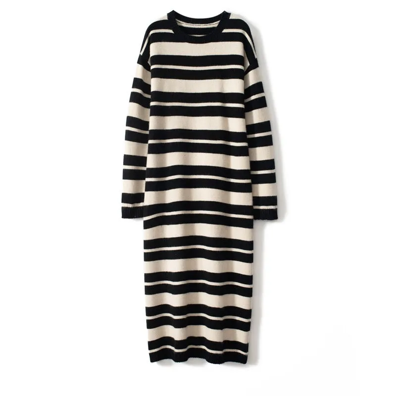 Women's Stripe Cashmere Dresses Long Cashmere Sweather Dresses