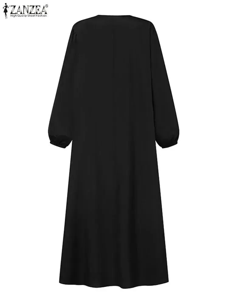 ZANZEA Vintage Muslim Dress - Long Sleeve Pleated Robe 2024