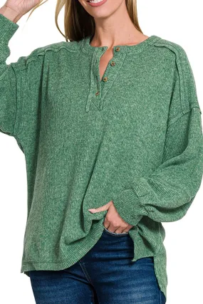 Zenana Frosty Feels Dark Green Brushed Hacci Henley Sweater