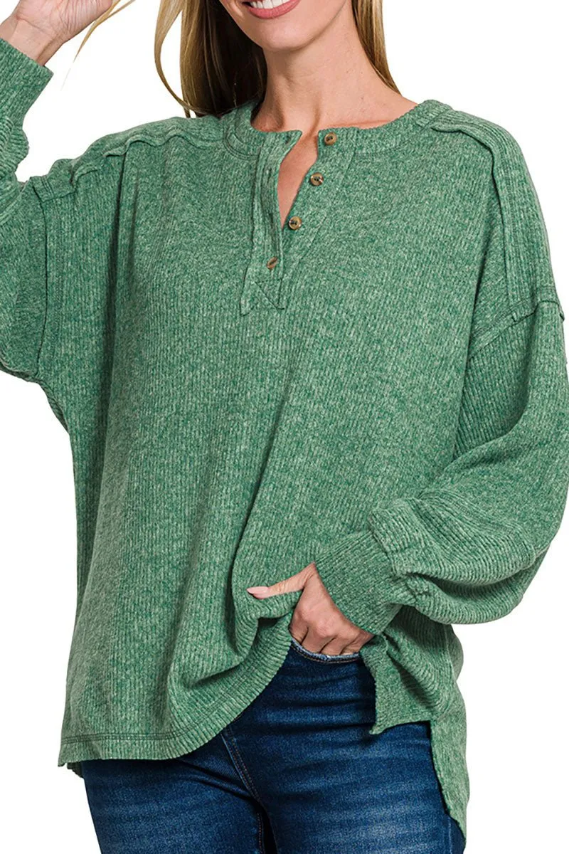 Zenana Frosty Feels Dark Green Brushed Hacci Henley Sweater
